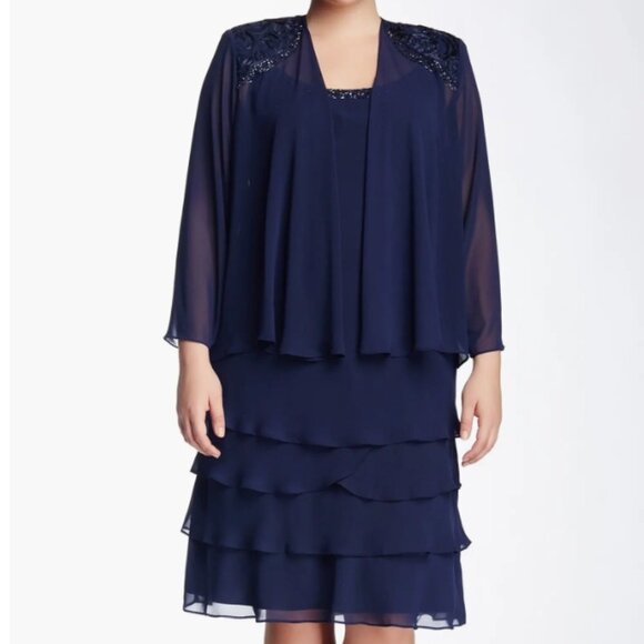 SLNY Sleeveless Tiered Midi Dress Sheer Long Sleeve Jacket - Navy Blue - size 12 - Picture 12 of 12